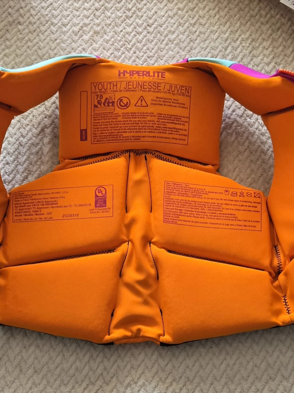 Hyperlite Youth Girls USCG Approved Life Vest Jacket (55-88) Lbs